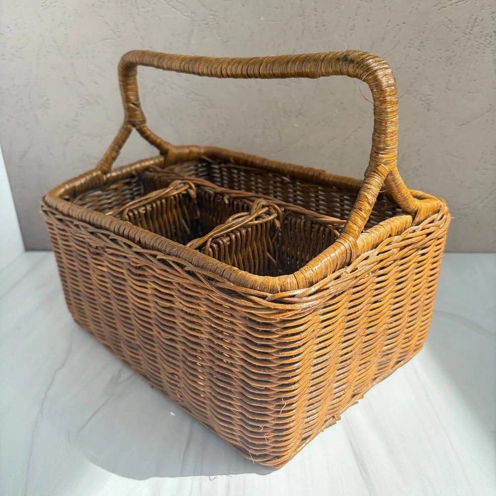 Vintage Wicker Utensil Caddy Handwoven Silverware Napkin Holder Brown Basket